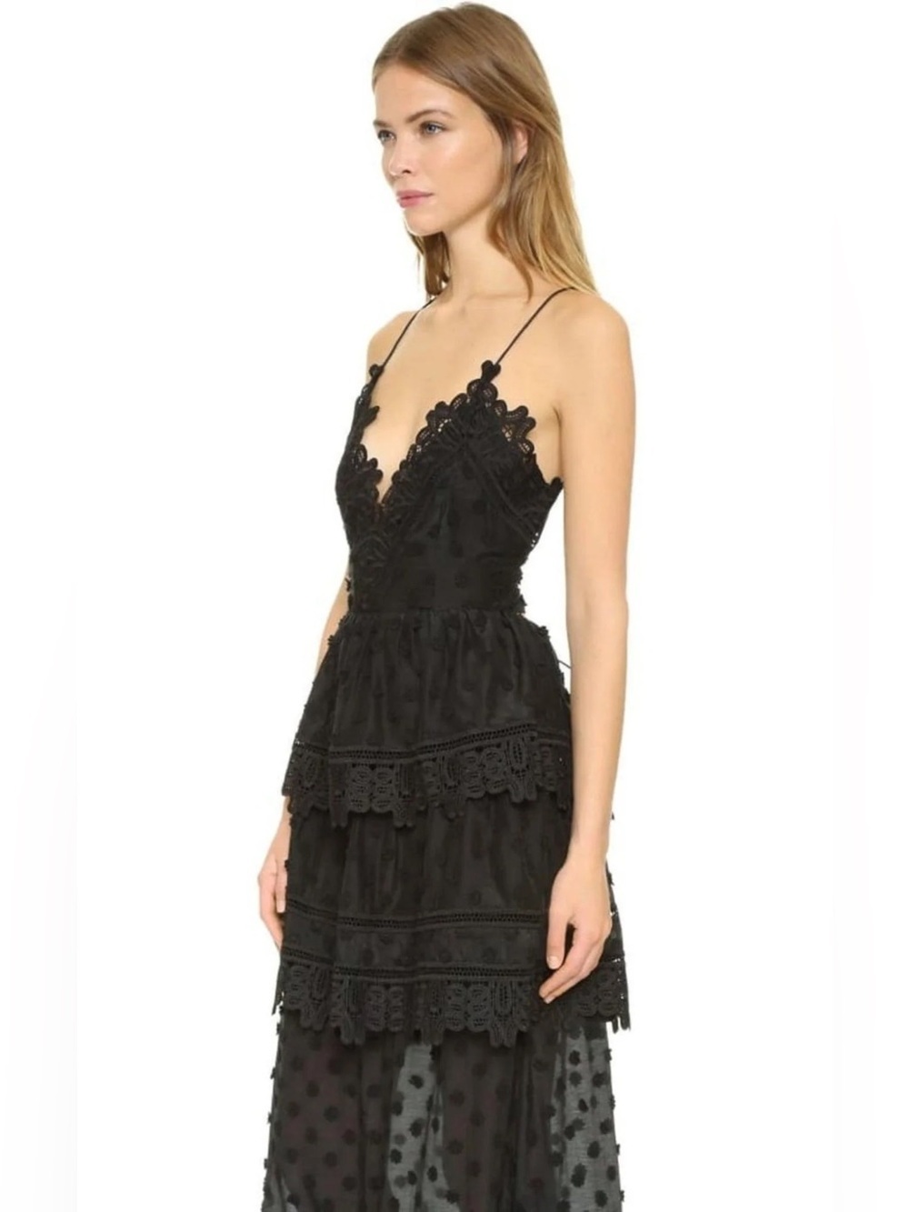 Self-Portrait Ivy Black Lace Tiered Maxi Dress with Polka Dot Mesh US 6 - Picture 3 of 8